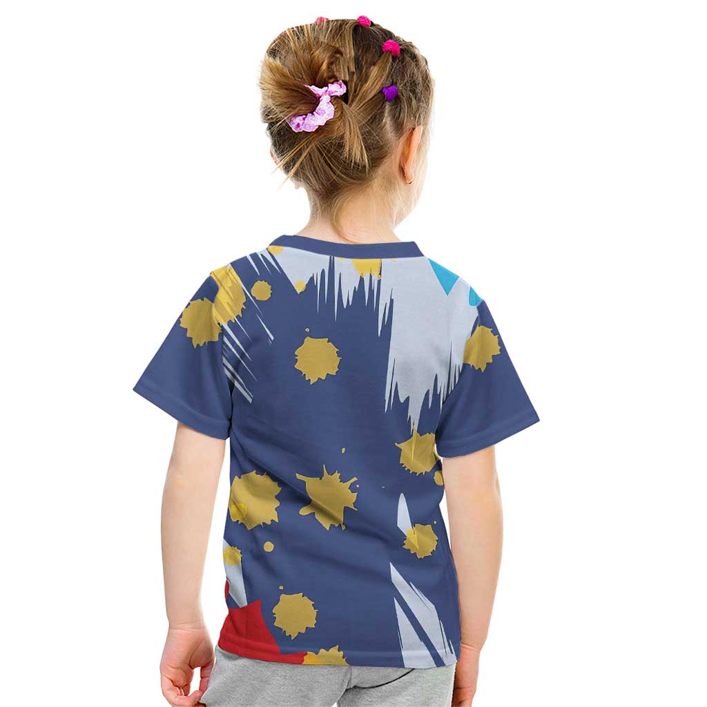 Dude I Said Friendly Graphic Kid T Shirt with Gold Paint Splatter and Retro Stripes