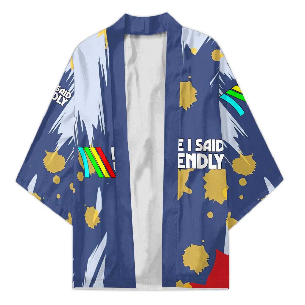 Dude I Said Friendly Graphic Kimono with Gold Paint Splatter and Retro Stripes