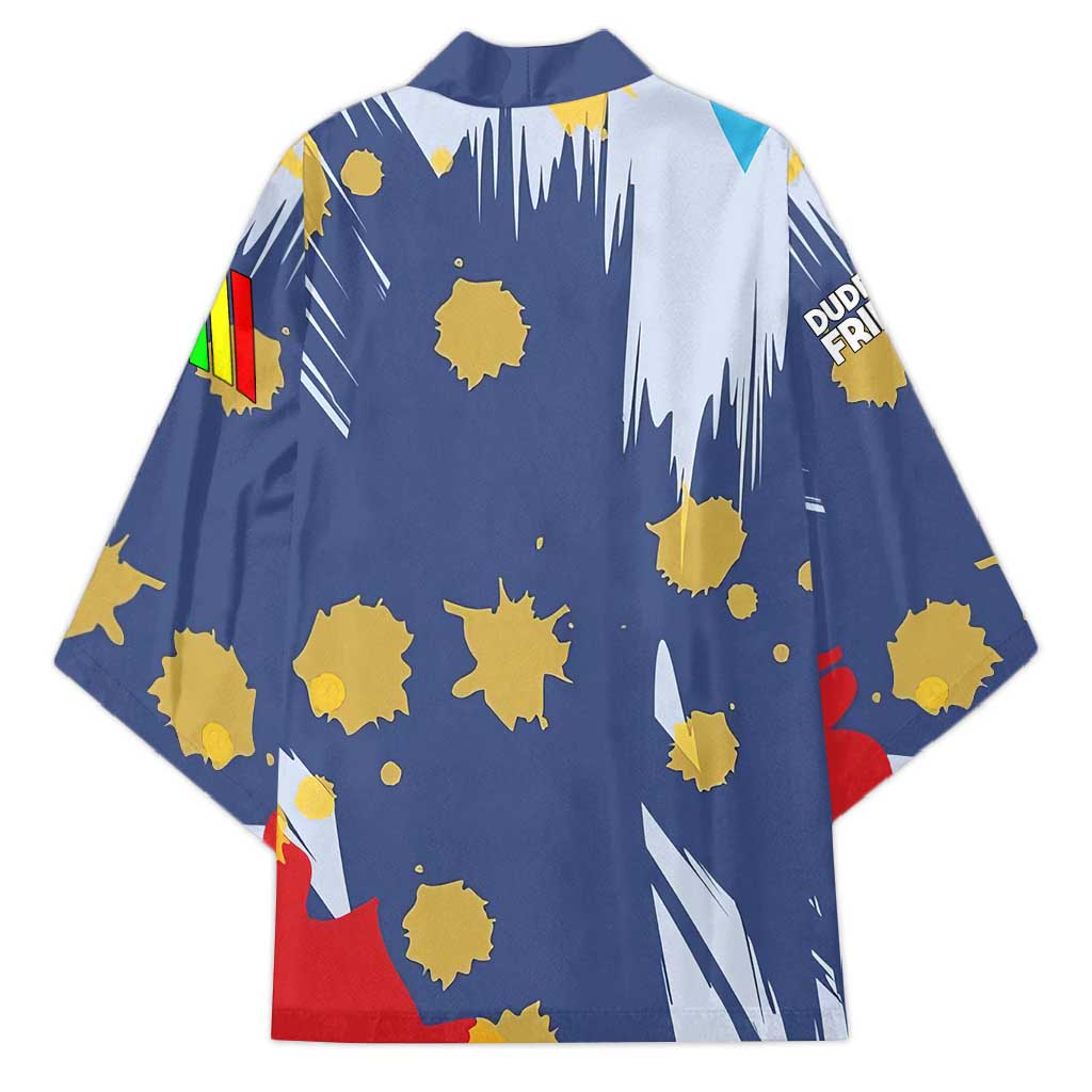 Dude I Said Friendly Graphic Kimono with Gold Paint Splatter and Retro Stripes