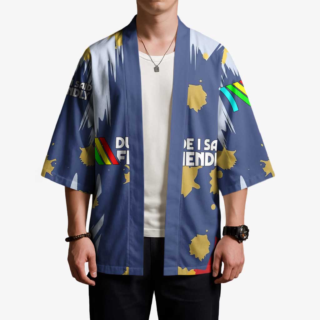 Dude I Said Friendly Graphic Kimono with Gold Paint Splatter and Retro Stripes