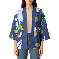 Dude I Said Friendly Graphic Kimono with Gold Paint Splatter and Retro Stripes