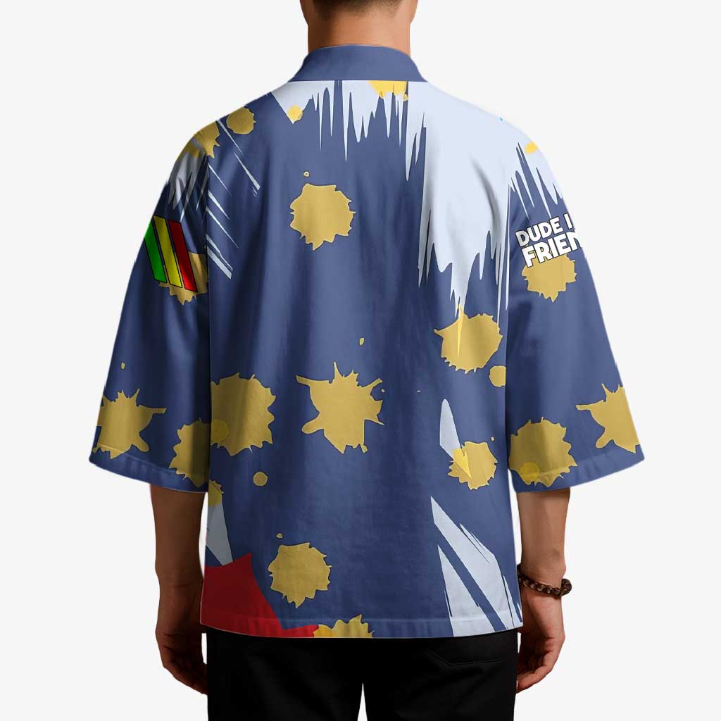 Dude I Said Friendly Graphic Kimono with Gold Paint Splatter and Retro Stripes