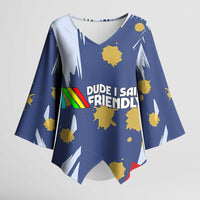 Dude I Said Friendly Graphic Kimono Sleeve Blouse with Gold Paint Splatter and Retro Stripes