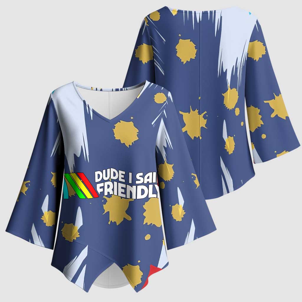 Dude I Said Friendly Graphic Kimono Sleeve Blouse with Gold Paint Splatter and Retro Stripes