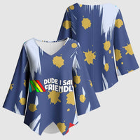 Dude I Said Friendly Graphic Kimono Sleeve Blouse with Gold Paint Splatter and Retro Stripes