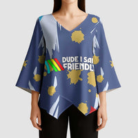 Dude I Said Friendly Graphic Kimono Sleeve Blouse with Gold Paint Splatter and Retro Stripes