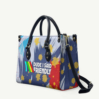 Dude I Said Friendly Graphic Leather Bag with Gold Paint Splatter and Retro Stripes