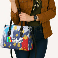 Dude I Said Friendly Graphic Leather Bag with Gold Paint Splatter and Retro Stripes