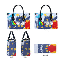 Dude I Said Friendly Graphic Leather Bag with Gold Paint Splatter and Retro Stripes