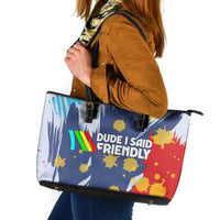 Dude I Said Friendly Graphic Leather Tote Bag with Gold Paint Splatter and Retro Stripes