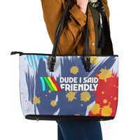 Dude I Said Friendly Graphic Leather Tote Bag with Gold Paint Splatter and Retro Stripes