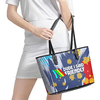 Dude I Said Friendly Graphic Leather Tote Bag with Gold Paint Splatter and Retro Stripes