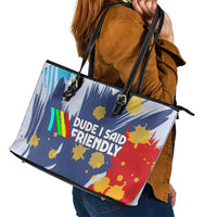 Dude I Said Friendly Graphic Leather Tote Bag with Gold Paint Splatter and Retro Stripes