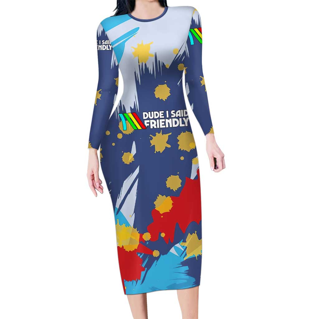 Dude I Said Friendly Graphic Long Sleeve Bodycon Dress with Gold Paint Splatter and Retro Stripes