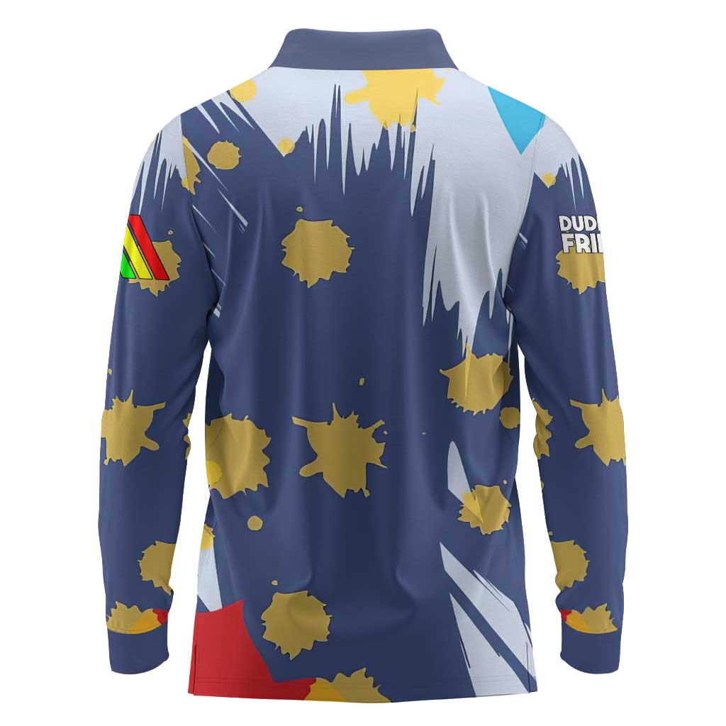 Dude I Said Friendly Graphic Long Sleeve Polo Shirt with Gold Paint Splatter and Retro Stripes