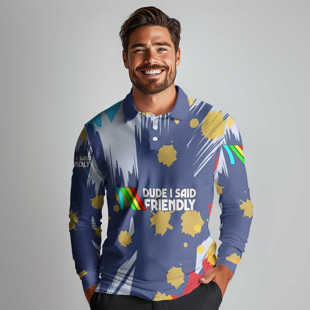 Dude I Said Friendly Graphic Long Sleeve Polo Shirt with Gold Paint Splatter and Retro Stripes