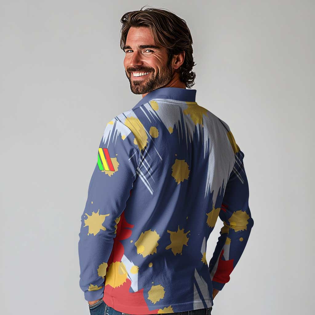 Dude I Said Friendly Graphic Long Sleeve Polo Shirt with Gold Paint Splatter and Retro Stripes