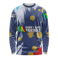 Dude I Said Friendly Graphic Long Sleeve Shirt with Gold Paint Splatter and Retro Stripes