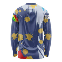 Dude I Said Friendly Graphic Long Sleeve Shirt with Gold Paint Splatter and Retro Stripes