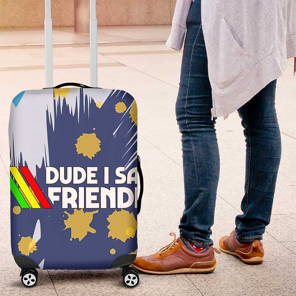 Dude I Said Friendly Graphic Luggage Cover with Gold Paint Splatter and Retro Stripes