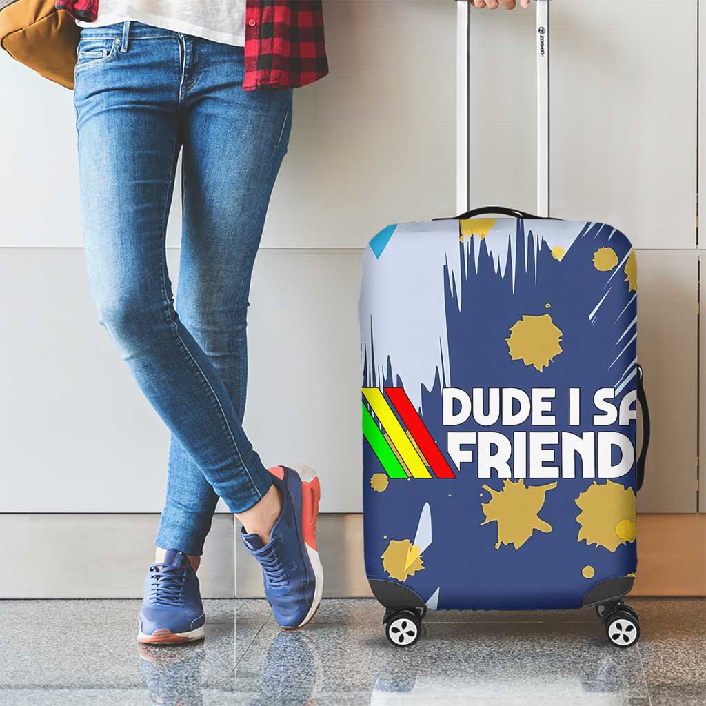 Dude I Said Friendly Graphic Luggage Cover with Gold Paint Splatter and Retro Stripes
