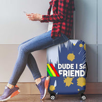 Dude I Said Friendly Graphic Luggage Cover with Gold Paint Splatter and Retro Stripes