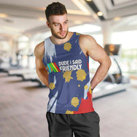 Dude I Said Friendly Graphic Men Tank Top with Gold Paint Splatter and Retro Stripes