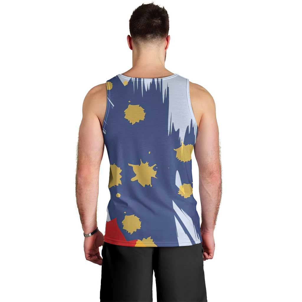 Dude I Said Friendly Graphic Men Tank Top with Gold Paint Splatter and Retro Stripes