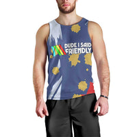 Dude I Said Friendly Graphic Men Tank Top with Gold Paint Splatter and Retro Stripes