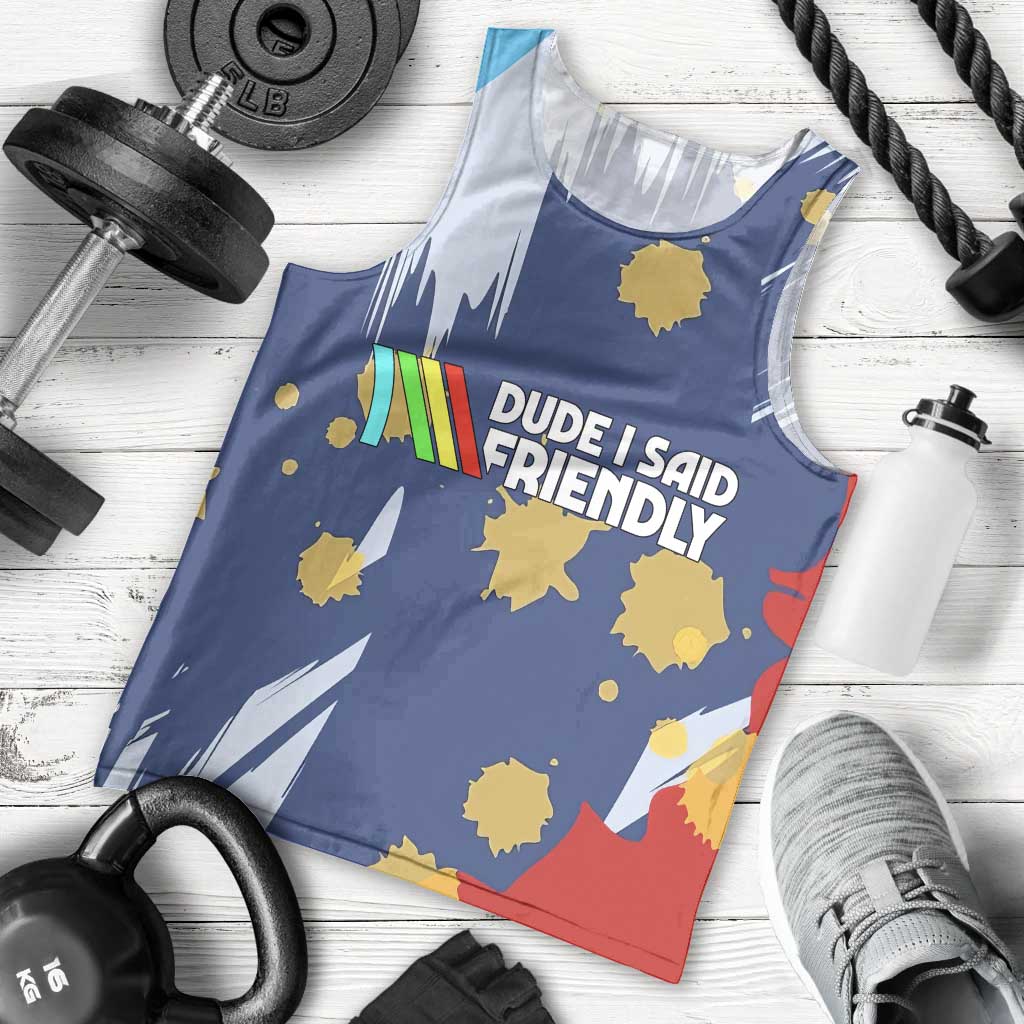 Dude I Said Friendly Graphic Men Tank Top with Gold Paint Splatter and Retro Stripes
