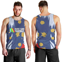 Dude I Said Friendly Graphic Men Tank Top with Gold Paint Splatter and Retro Stripes