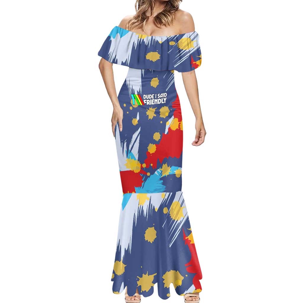 Dude I Said Friendly Graphic Mermaid Dress with Gold Paint Splatter and Retro Stripes