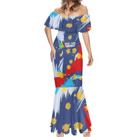 Dude I Said Friendly Graphic Mermaid Dress with Gold Paint Splatter and Retro Stripes