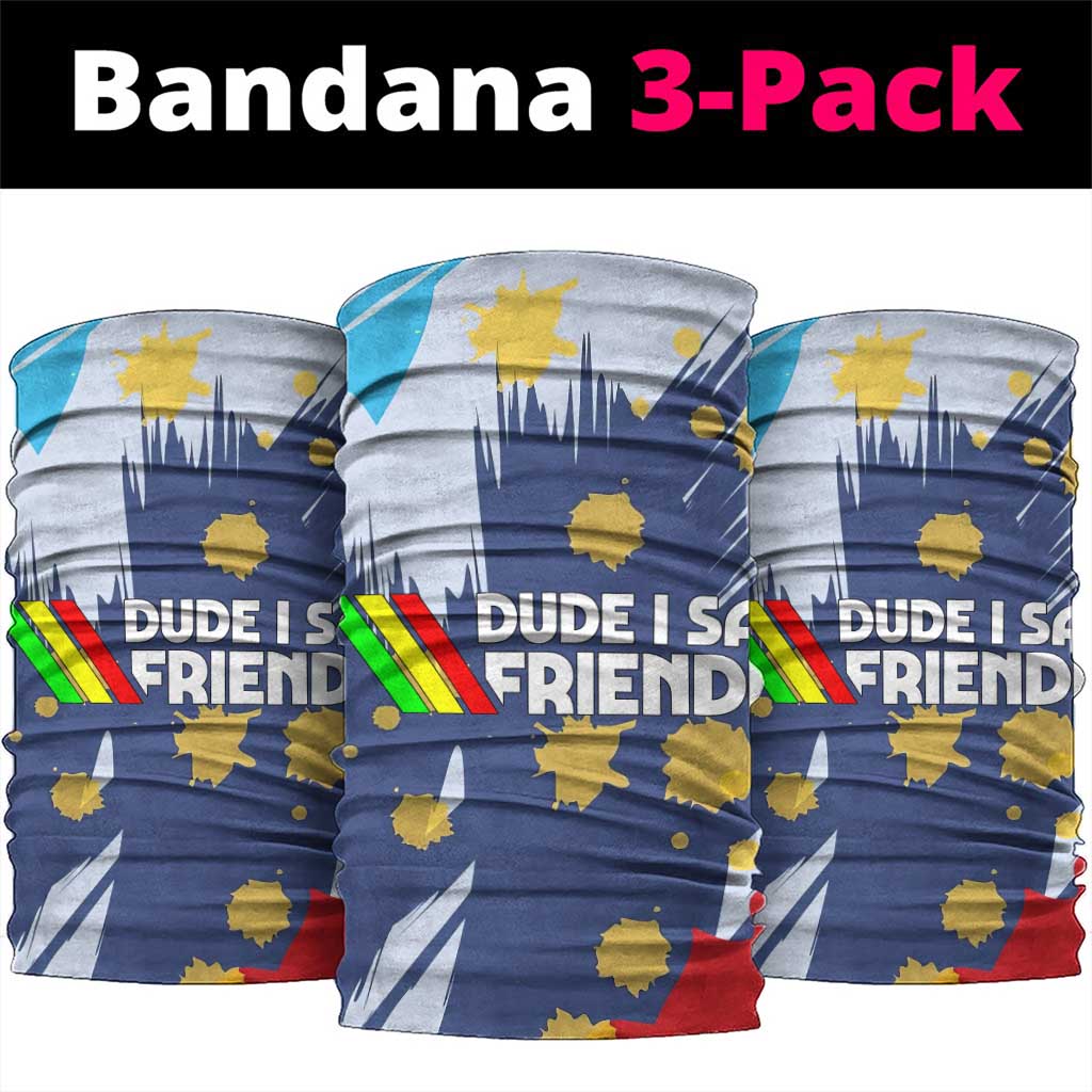 Dude I Said Friendly Graphic Neck Gaiter with Gold Paint Splatter and Retro Stripes