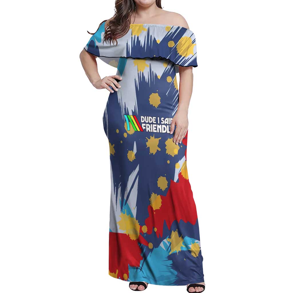 Dude I Said Friendly Graphic Off Shoulder Maxi Dress with Gold Paint Splatter and Retro Stripes
