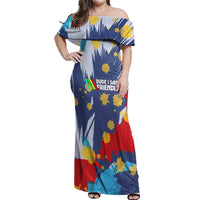 Dude I Said Friendly Graphic Off Shoulder Maxi Dress with Gold Paint Splatter and Retro Stripes