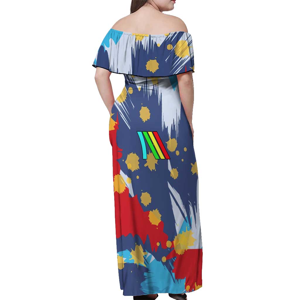 Dude I Said Friendly Graphic Off Shoulder Maxi Dress with Gold Paint Splatter and Retro Stripes