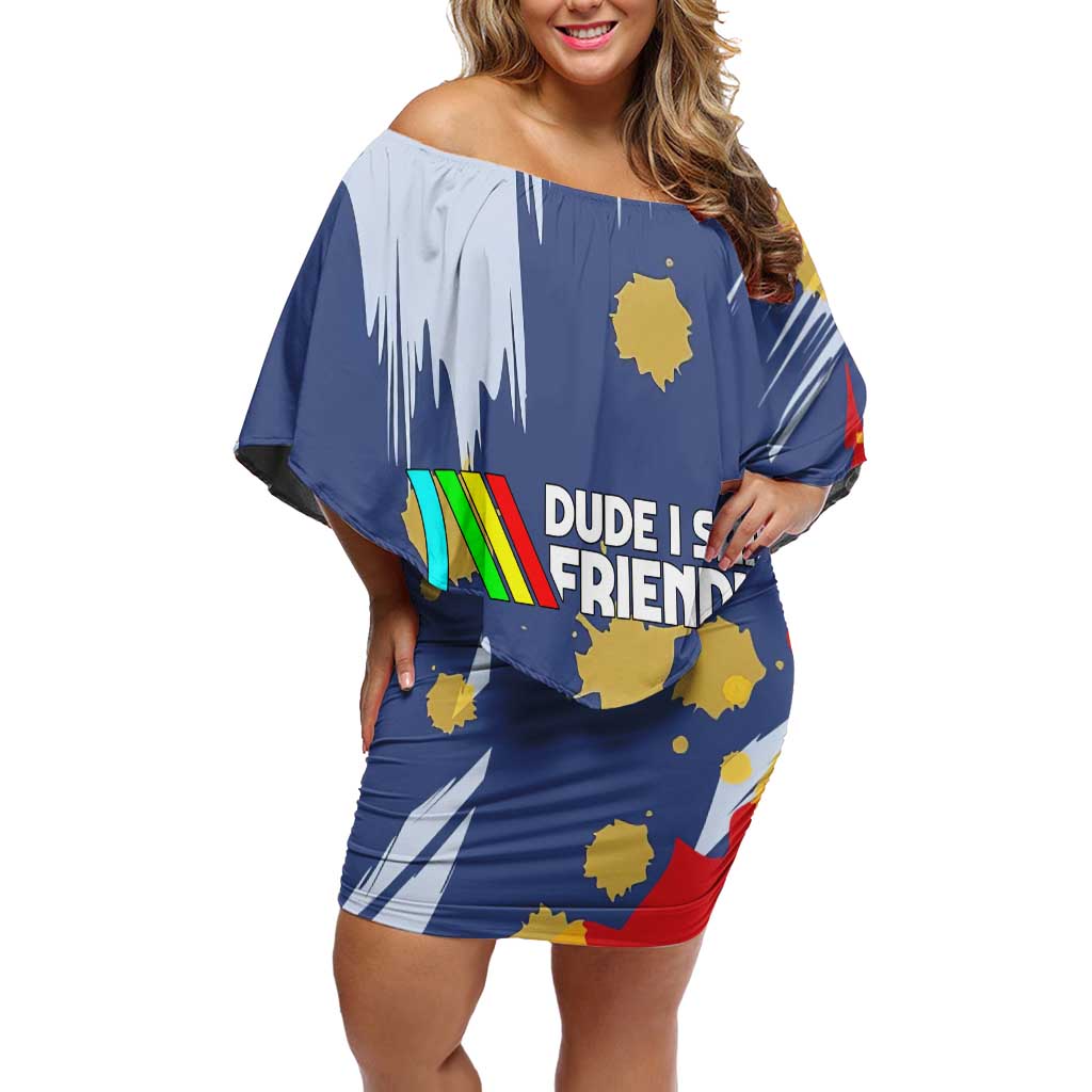 Dude I Said Friendly Graphic Off Shoulder Short Dress with Gold Paint Splatter and Retro Stripes