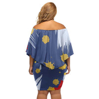 Dude I Said Friendly Graphic Off Shoulder Short Dress with Gold Paint Splatter and Retro Stripes
