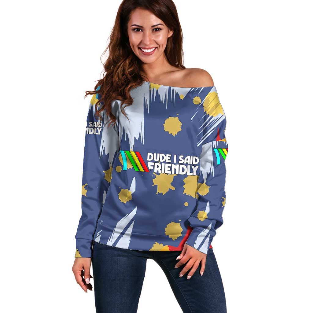 Dude I Said Friendly Graphic Off Shoulder Sweater with Gold Paint Splatter and Retro Stripes