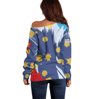 Dude I Said Friendly Graphic Off Shoulder Sweater with Gold Paint Splatter and Retro Stripes