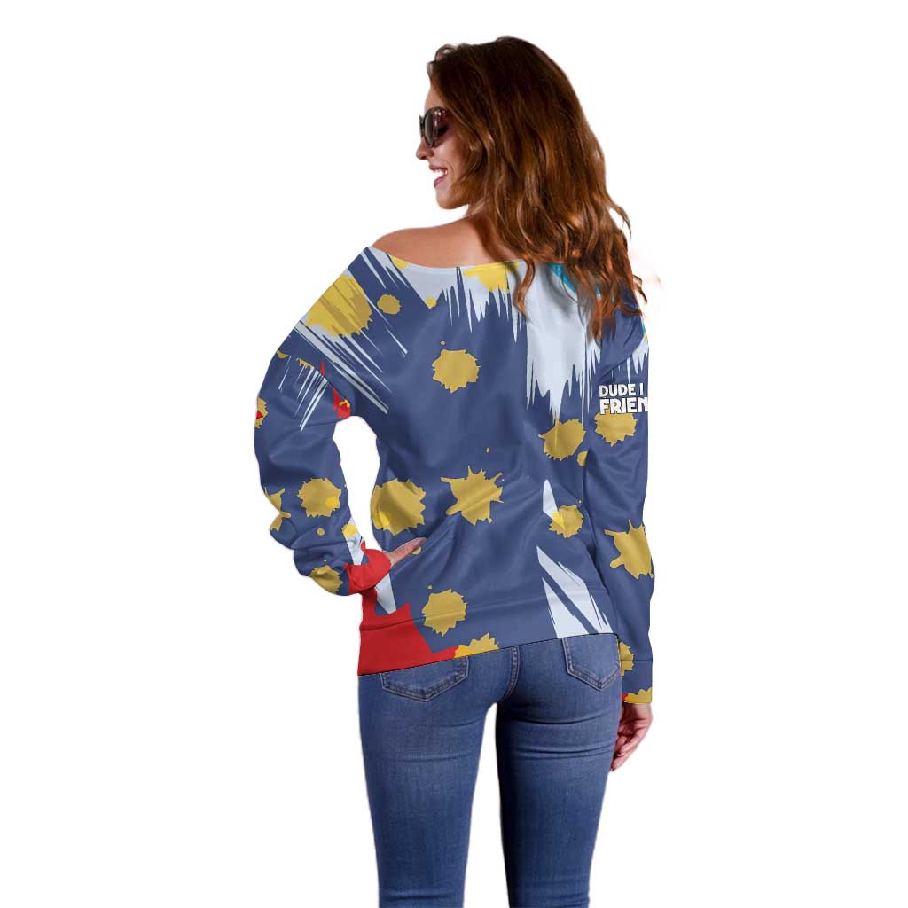 Dude I Said Friendly Graphic Off Shoulder Sweater with Gold Paint Splatter and Retro Stripes