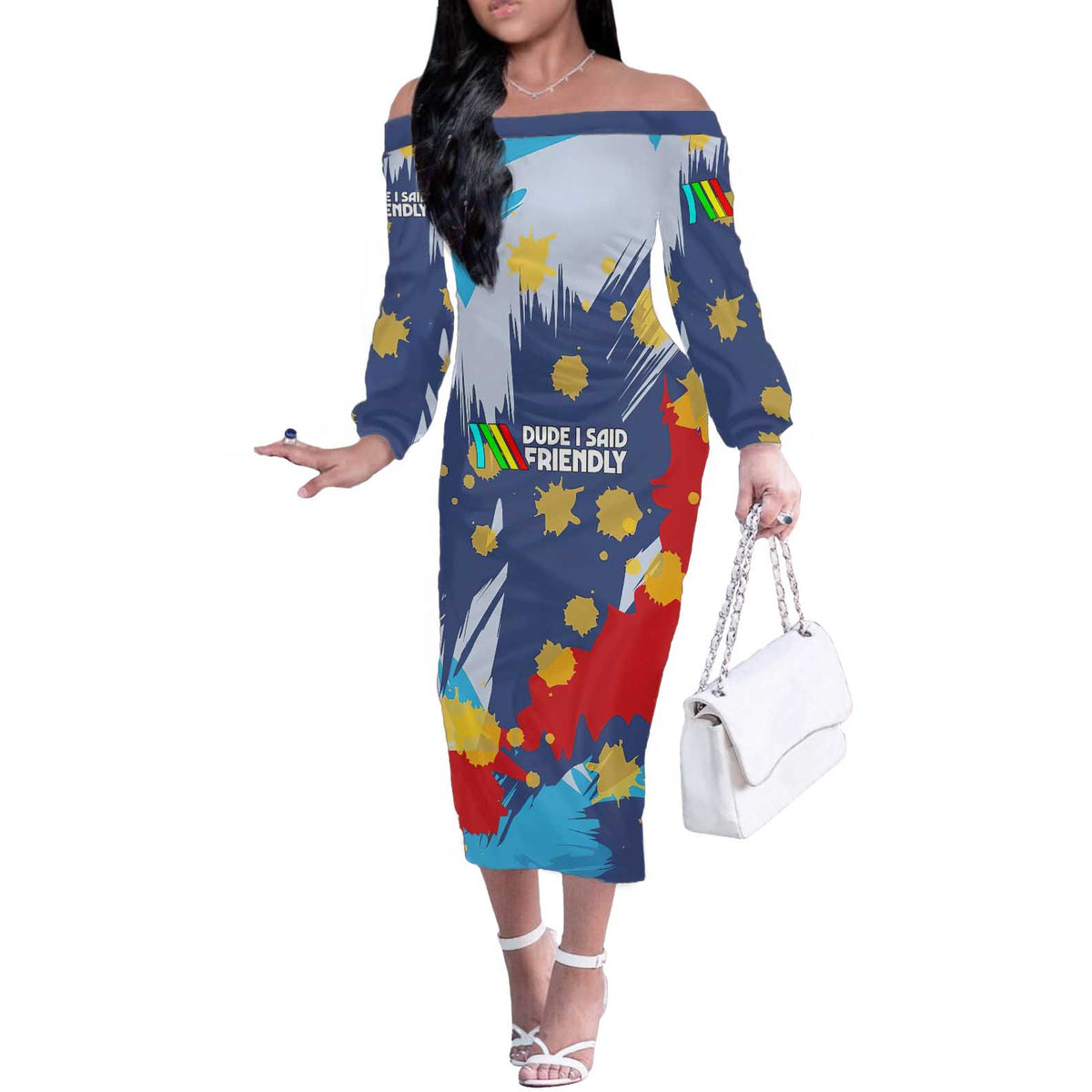 Dude I Said Friendly Graphic Off The Shoulder Long Sleeve Dress with Gold Paint Splatter and Retro Stripes