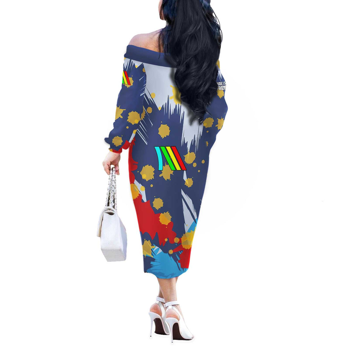 Dude I Said Friendly Graphic Off The Shoulder Long Sleeve Dress with Gold Paint Splatter and Retro Stripes
