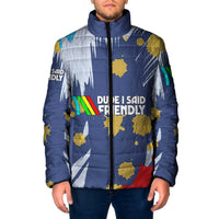 Dude I Said Friendly Graphic Padded Jacket with Gold Paint Splatter and Retro Stripes