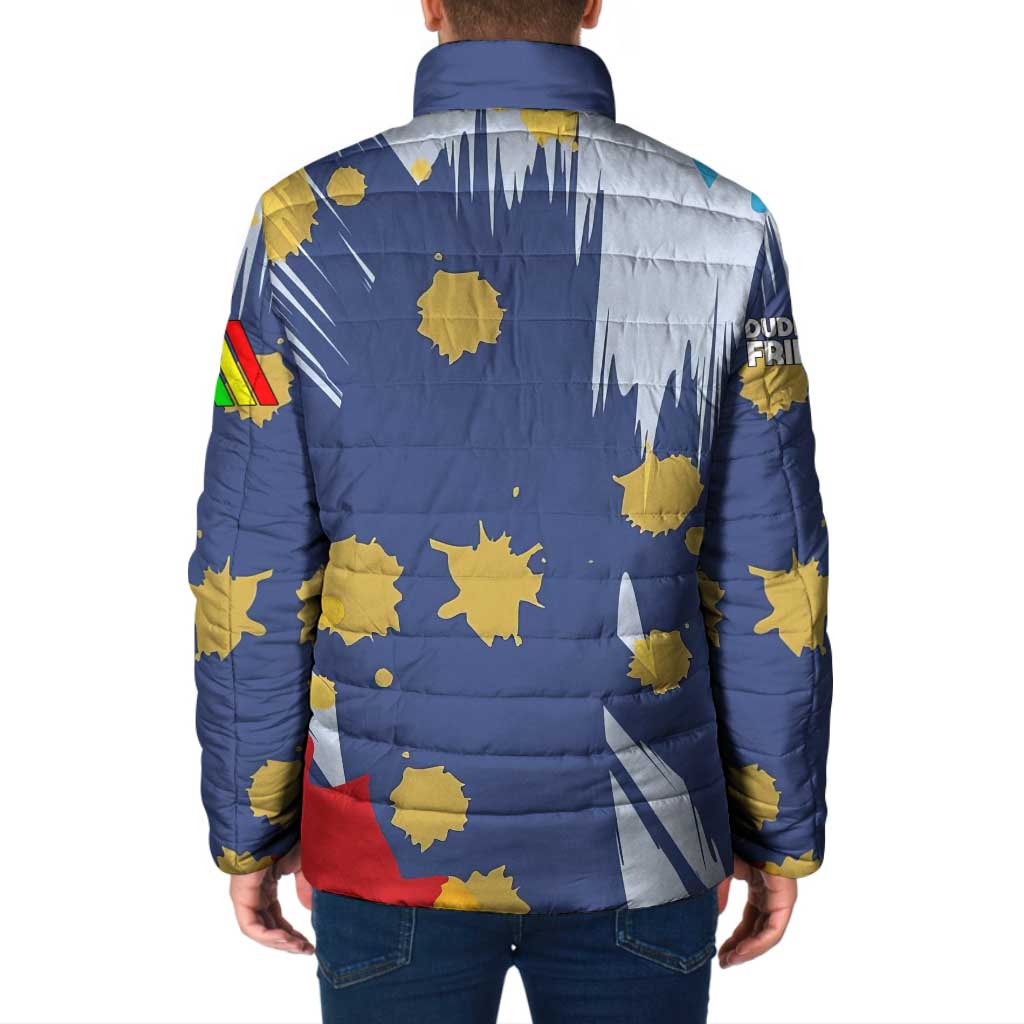 Dude I Said Friendly Graphic Padded Jacket with Gold Paint Splatter and Retro Stripes