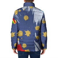 Dude I Said Friendly Graphic Padded Jacket with Gold Paint Splatter and Retro Stripes