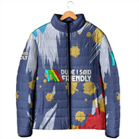 Dude I Said Friendly Graphic Padded Jacket with Gold Paint Splatter and Retro Stripes