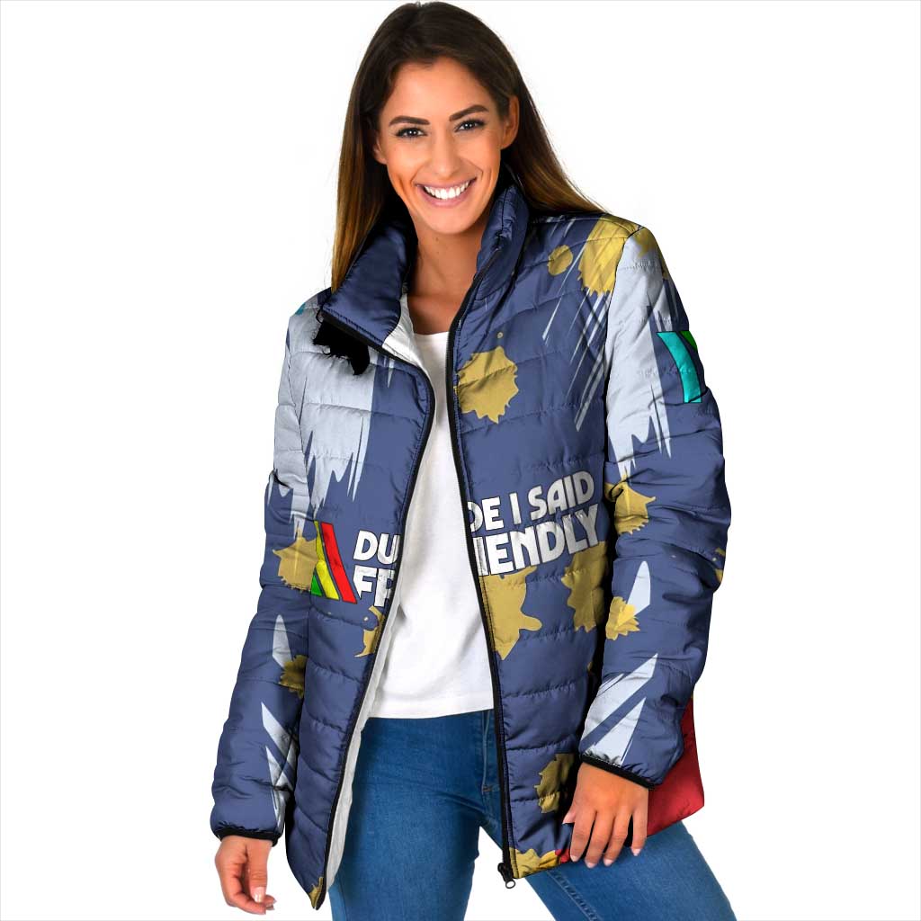 Dude I Said Friendly Graphic Padded Jacket with Gold Paint Splatter and Retro Stripes