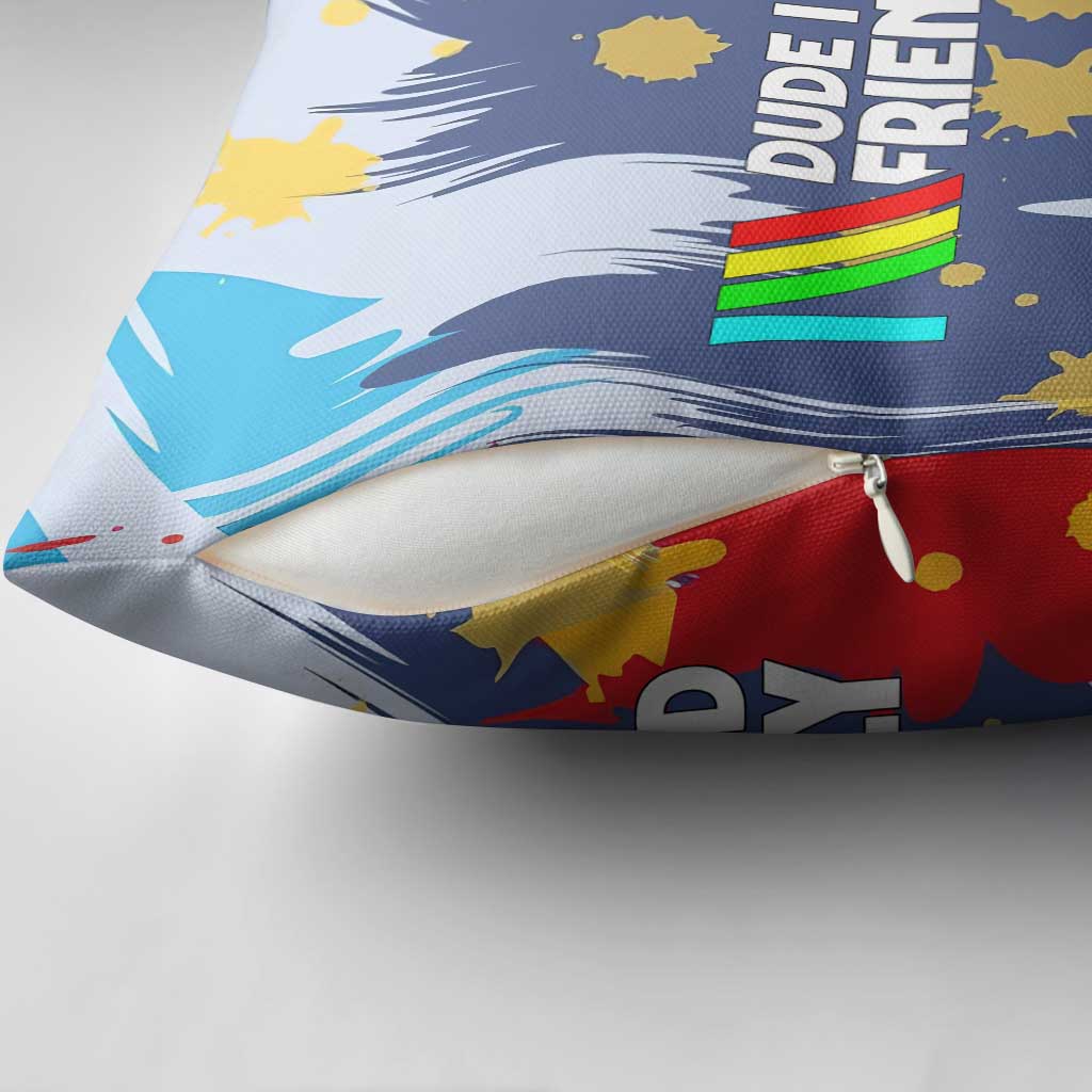 Dude I Said Friendly Graphic Pillow Cover with Gold Paint Splatter and Retro Stripes